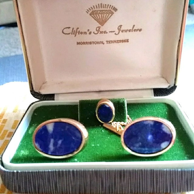 Vintage Gold Over Sterling Sodalite Cufflinks And Tie Tac